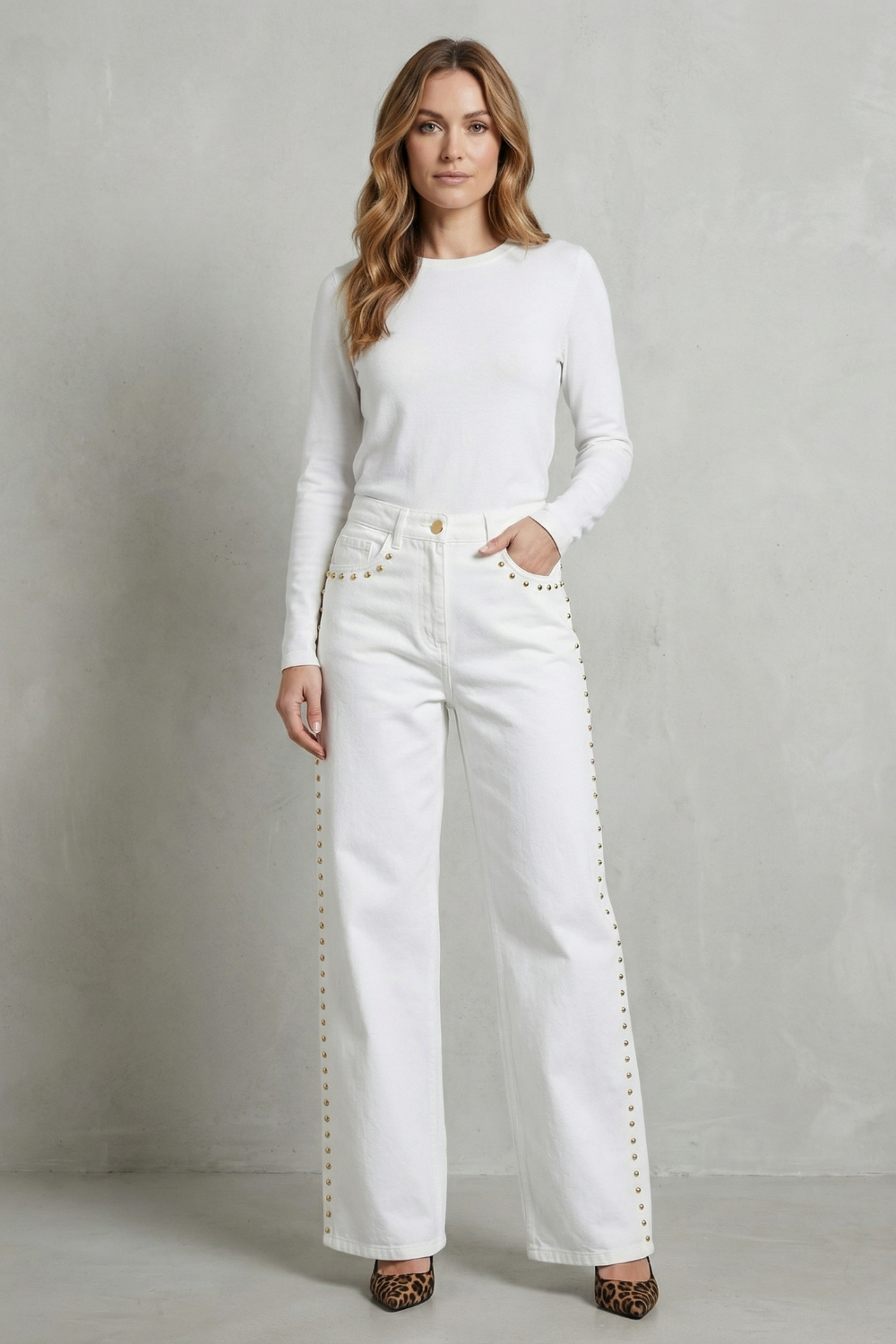 Gold Stud Trim Straight Leg Jeans