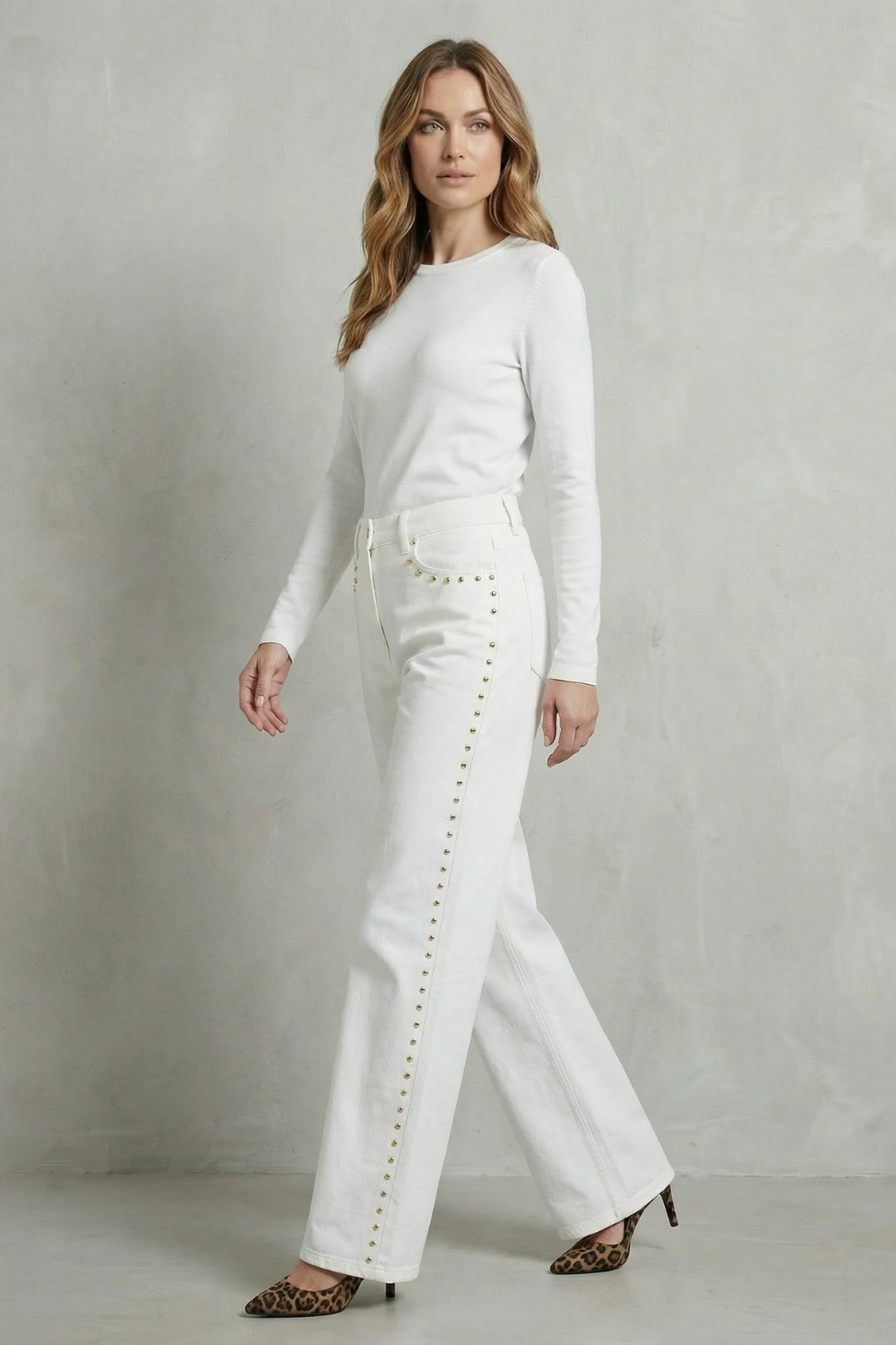 Gold Stud Trim Straight Leg Jeans