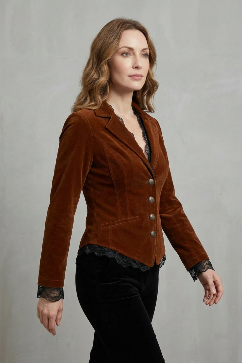 Tailored Lace Accent Velvet Blazer
