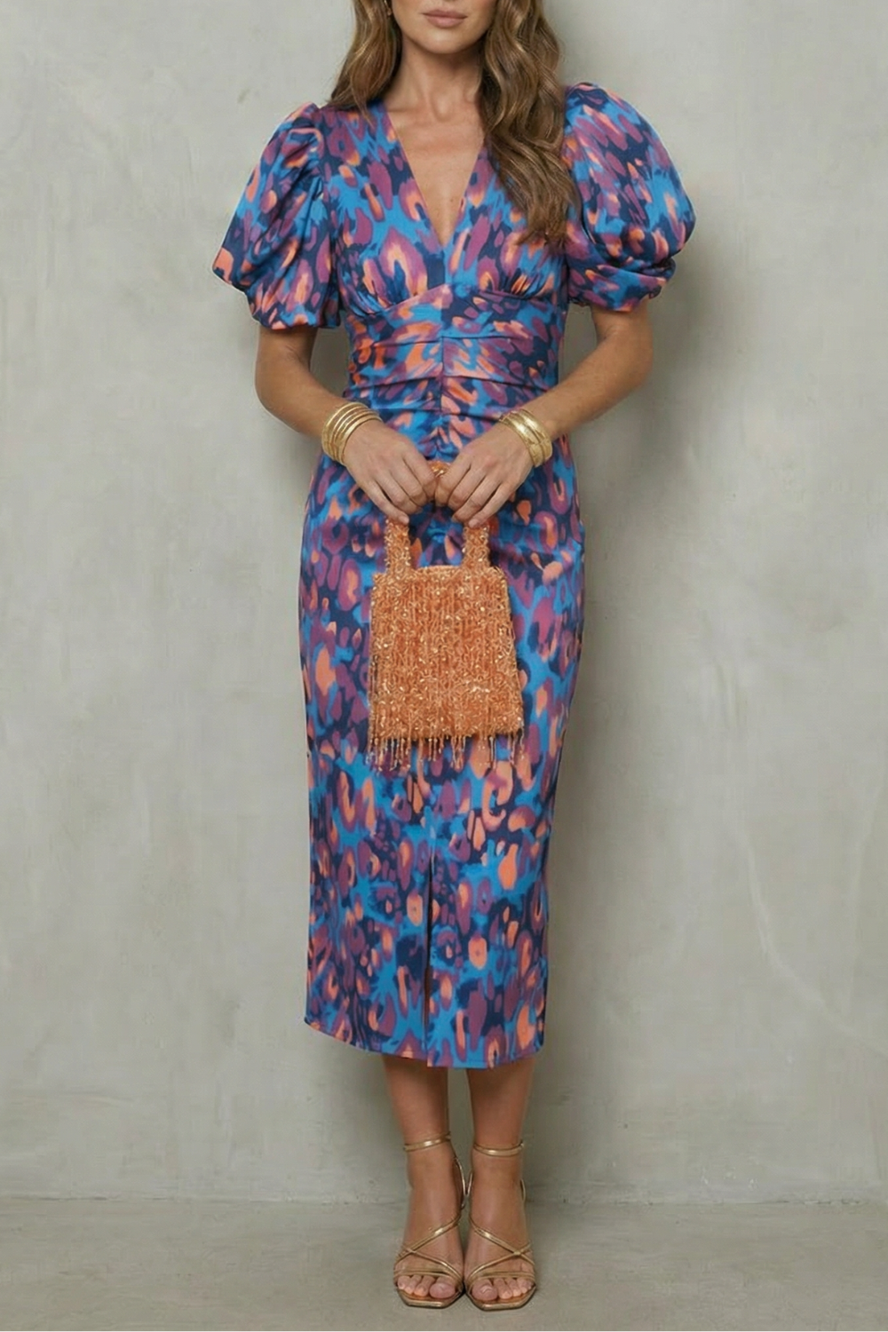 Bold Abstract Statement Puff Sleeve Midi Dress
