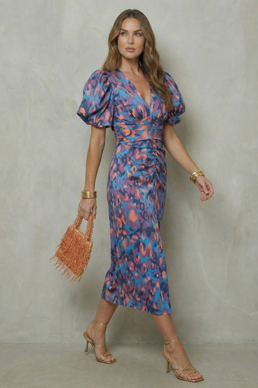 Bold Abstract Statement Puff Sleeve Midi Dress