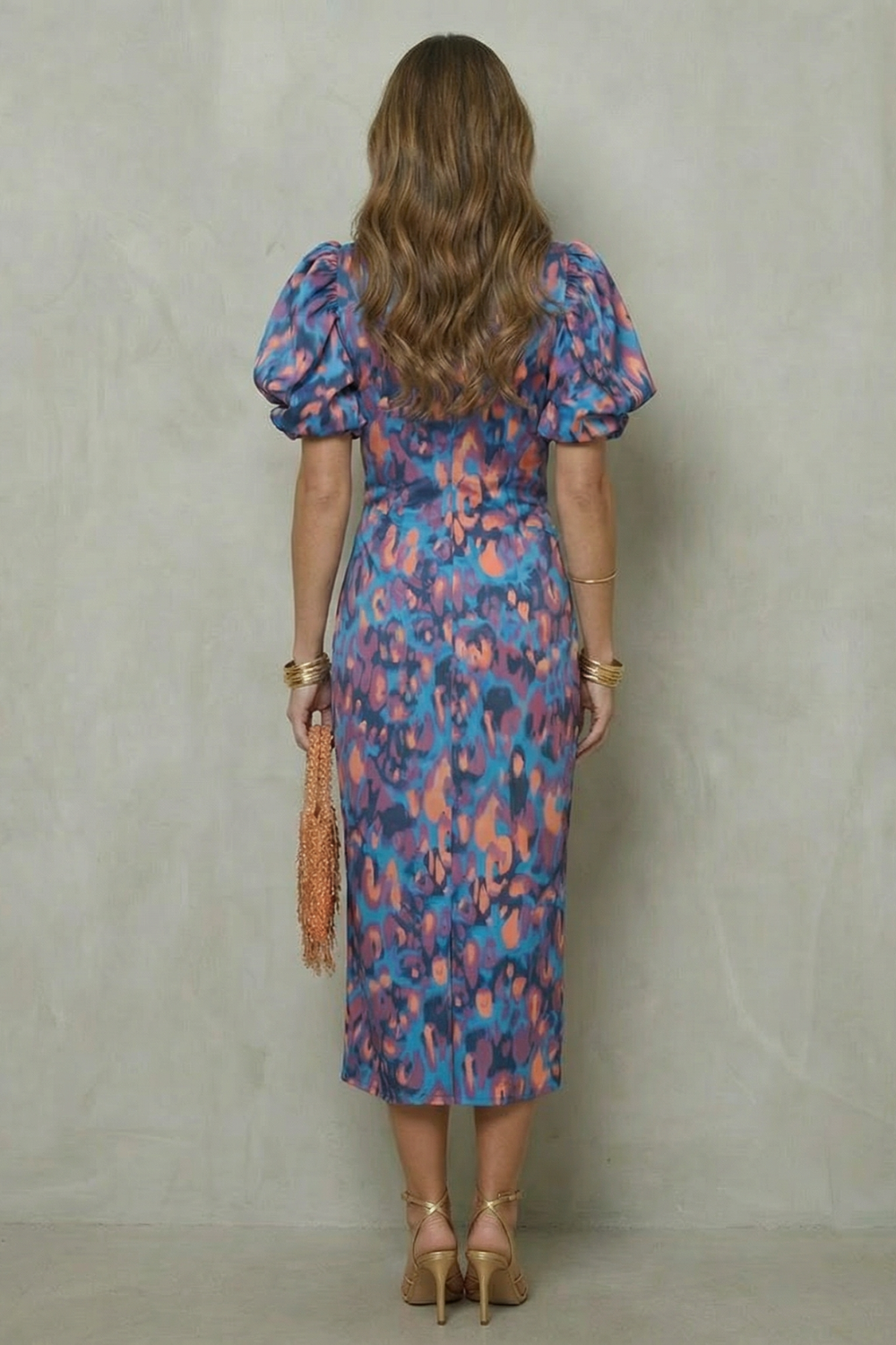 Bold Abstract Statement Puff Sleeve Midi Dress