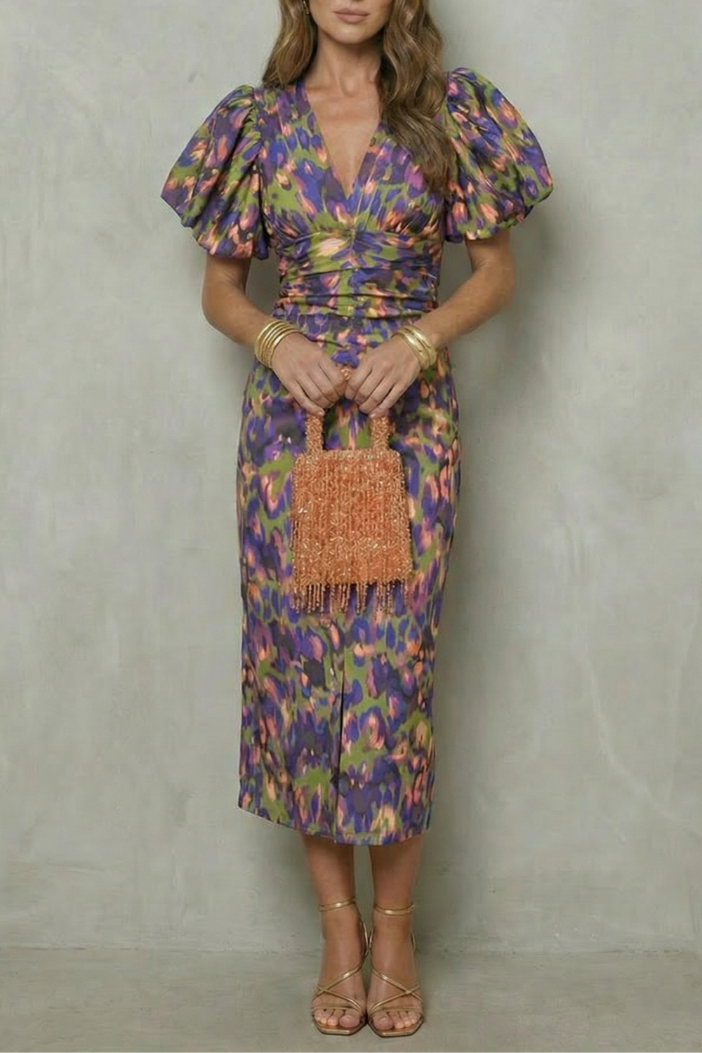 Bold Abstract Statement Puff Sleeve Midi Dress
