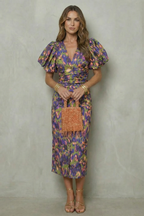 Bold Abstract Statement Puff Sleeve Midi Dress