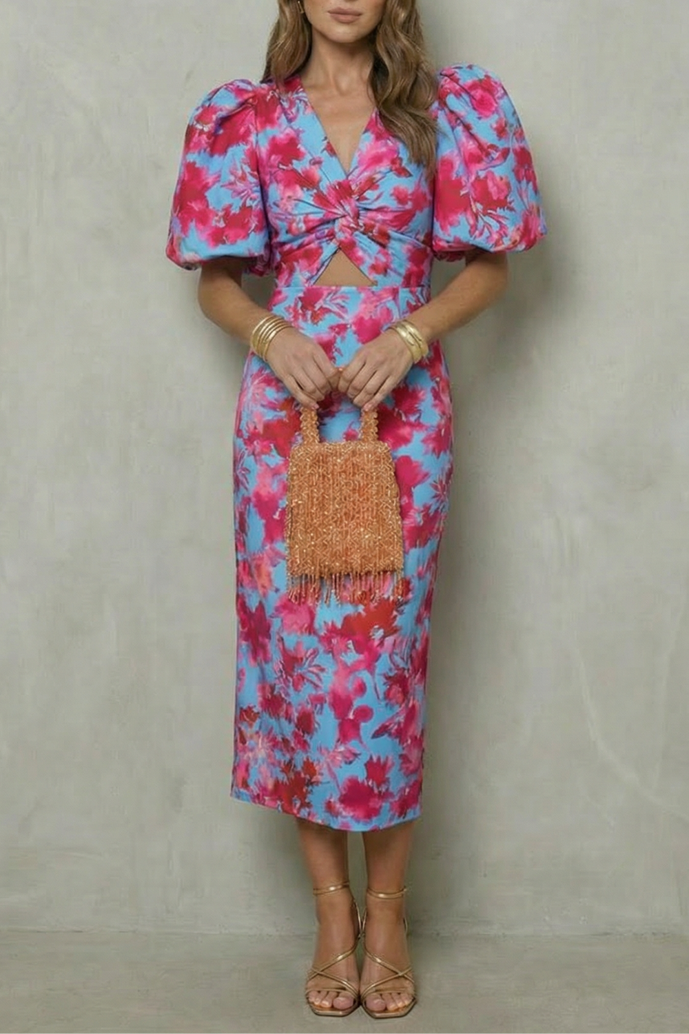 Bold Abstract Statement Puff Sleeve Midi Dress