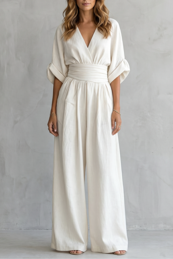 Draped waist elegance | Wide-leg jumpsuit - White