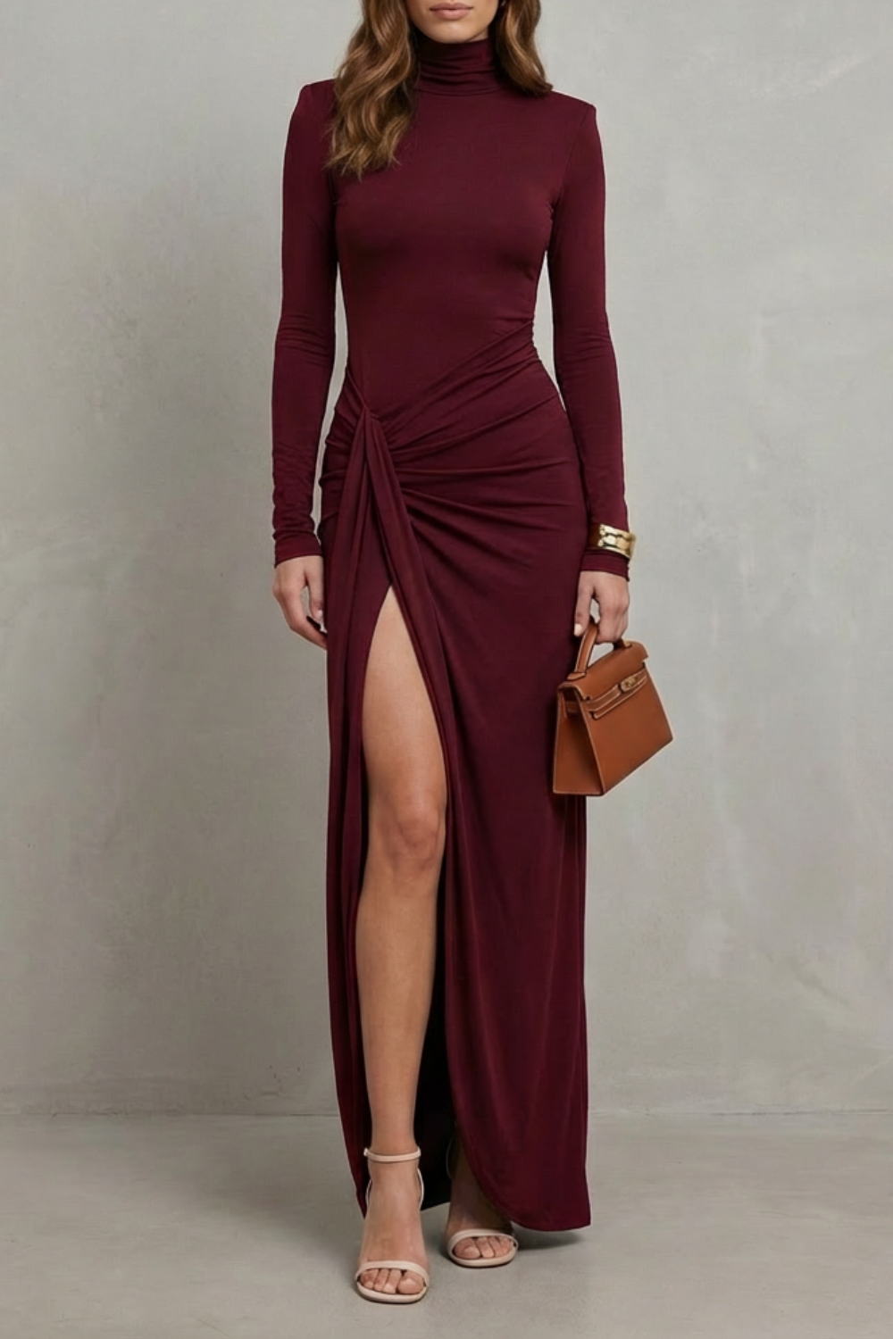 Draped Waist High-Slit Dress Sophisticated Evening Glamour