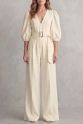 Velmora – Elegant belted puff sleeve – Wide leg jumpsuit