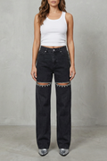 Crystal Cut Detail Wide Leg Jeans