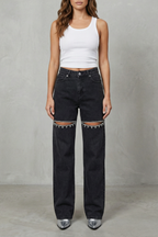 Crystal Cut Detail Wide Leg Jeans