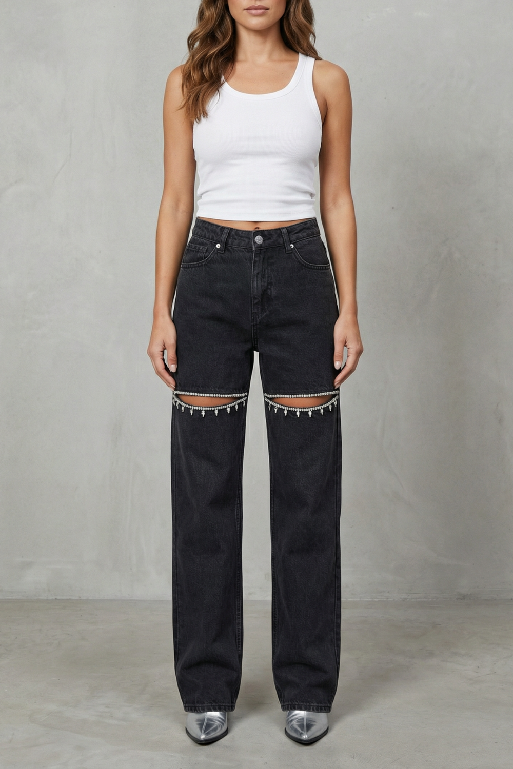 Crystal Cut Detail Wide Leg Jeans