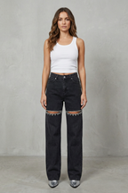 Crystal Cut Detail Wide Leg Jeans
