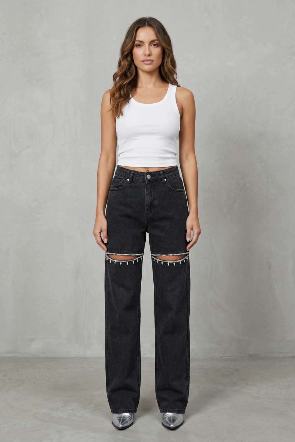 Crystal Cut Detail Wide Leg Jeans