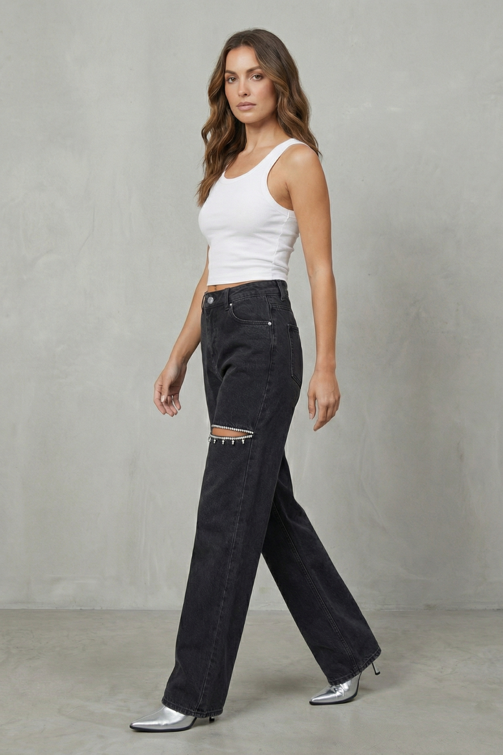 Crystal Cut Detail Wide Leg Jeans
