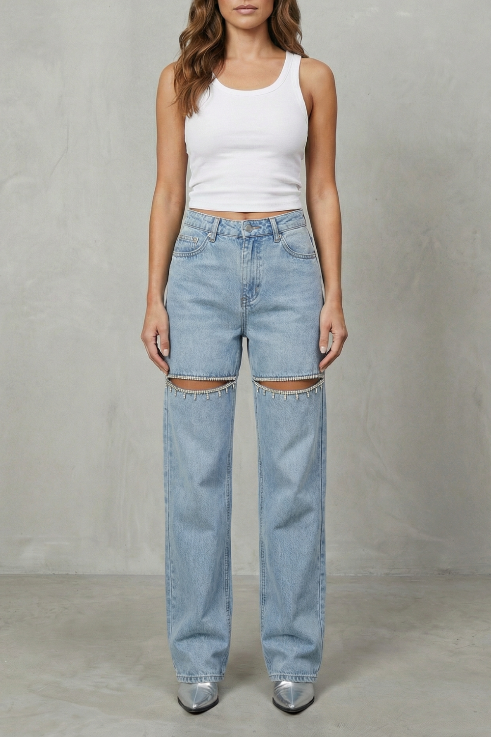 Crystal Cut Detail Wide Leg Jeans