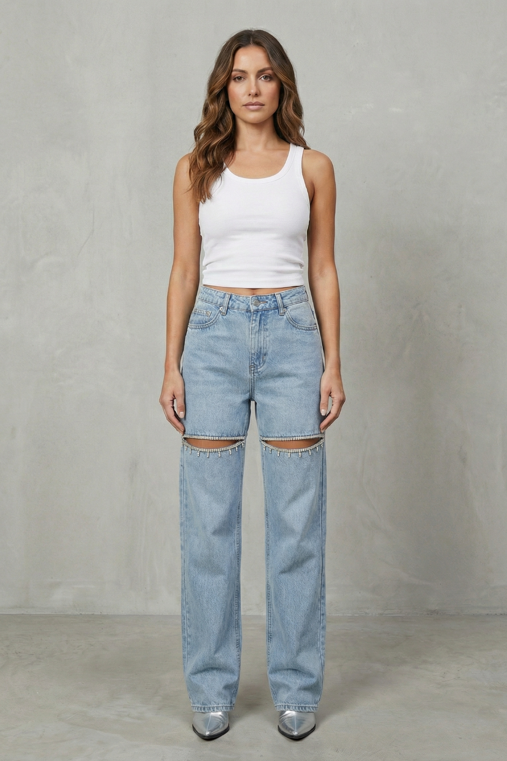 Crystal Cut Detail Wide Leg Jeans
