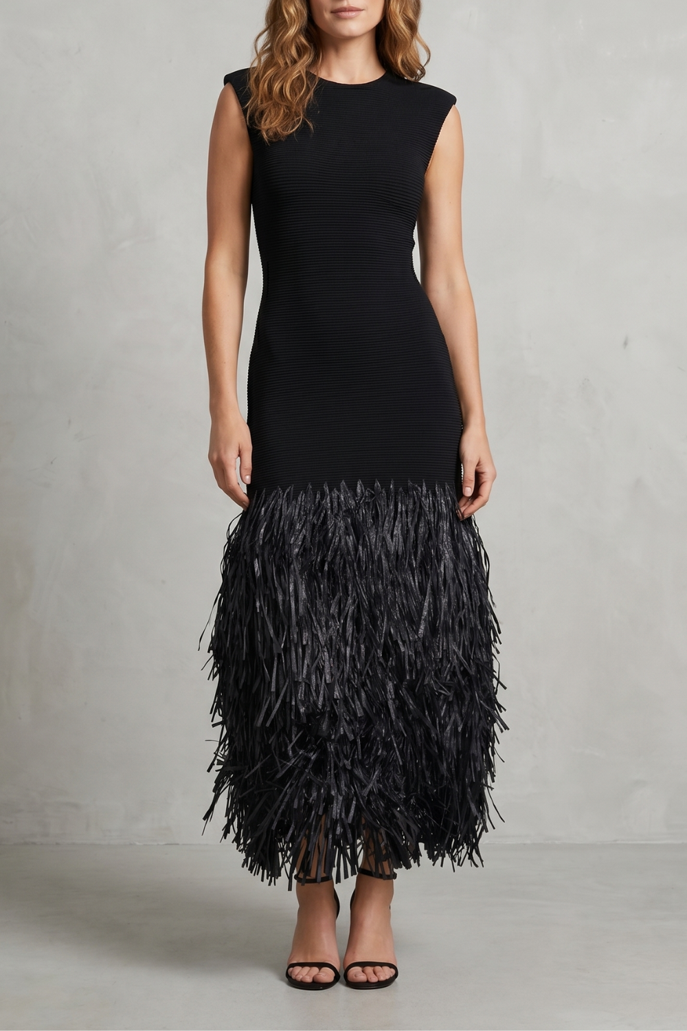 Raffia Fringe Elegance Midi Dress