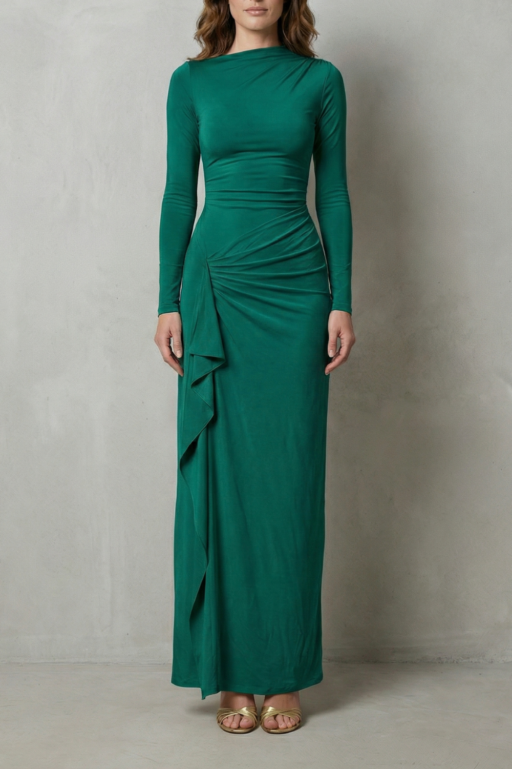 Sculpted Side Drape Long Sleeve Maxi Gown