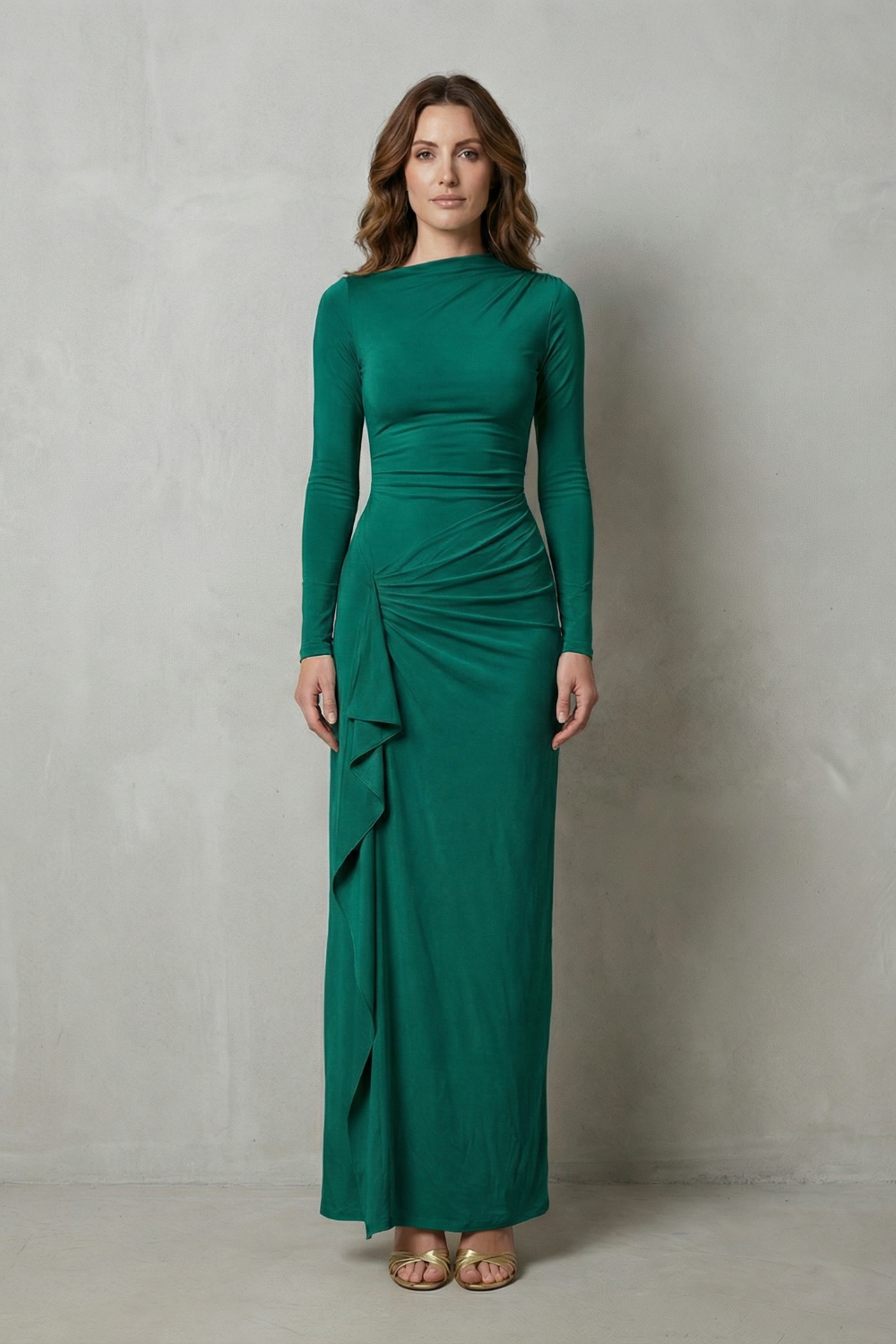 Sculpted Side Drape Long Sleeve Maxi Gown