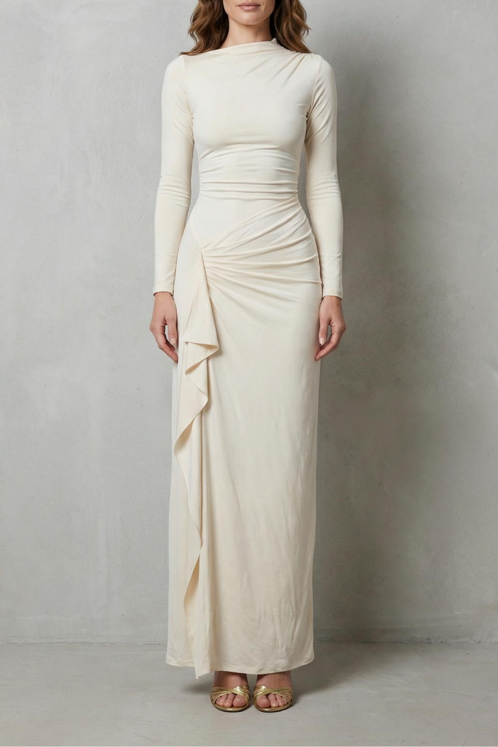 Sculpted Side Drape Long Sleeve Maxi Gown