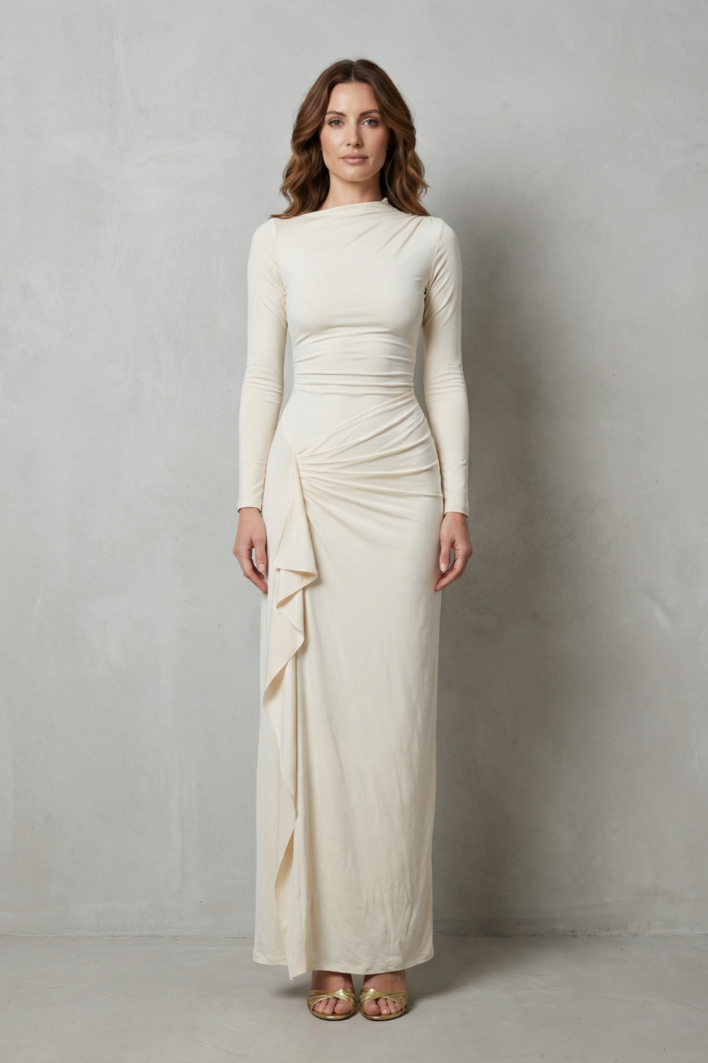 Sculpted Side Drape Long Sleeve Maxi Gown