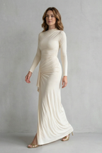 Sculpted Side Drape Long Sleeve Maxi Gown