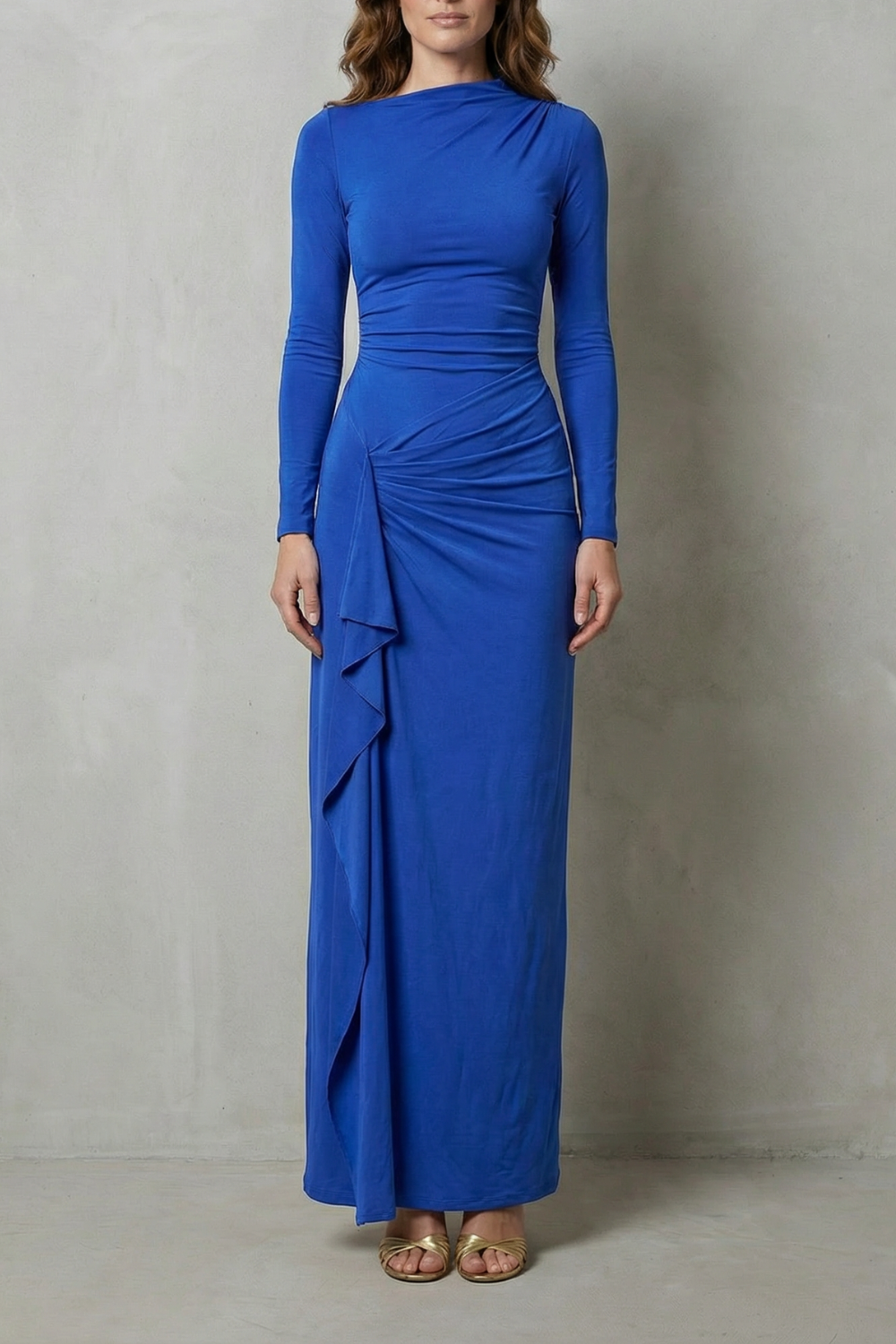 Sculpted Side Drape Long Sleeve Maxi Gown