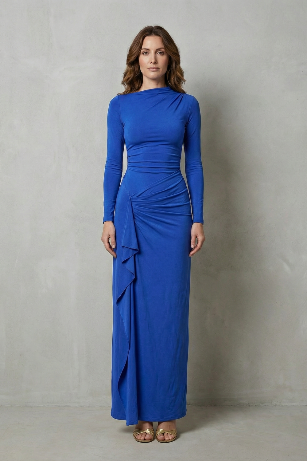 Sculpted Side Drape Long Sleeve Maxi Gown
