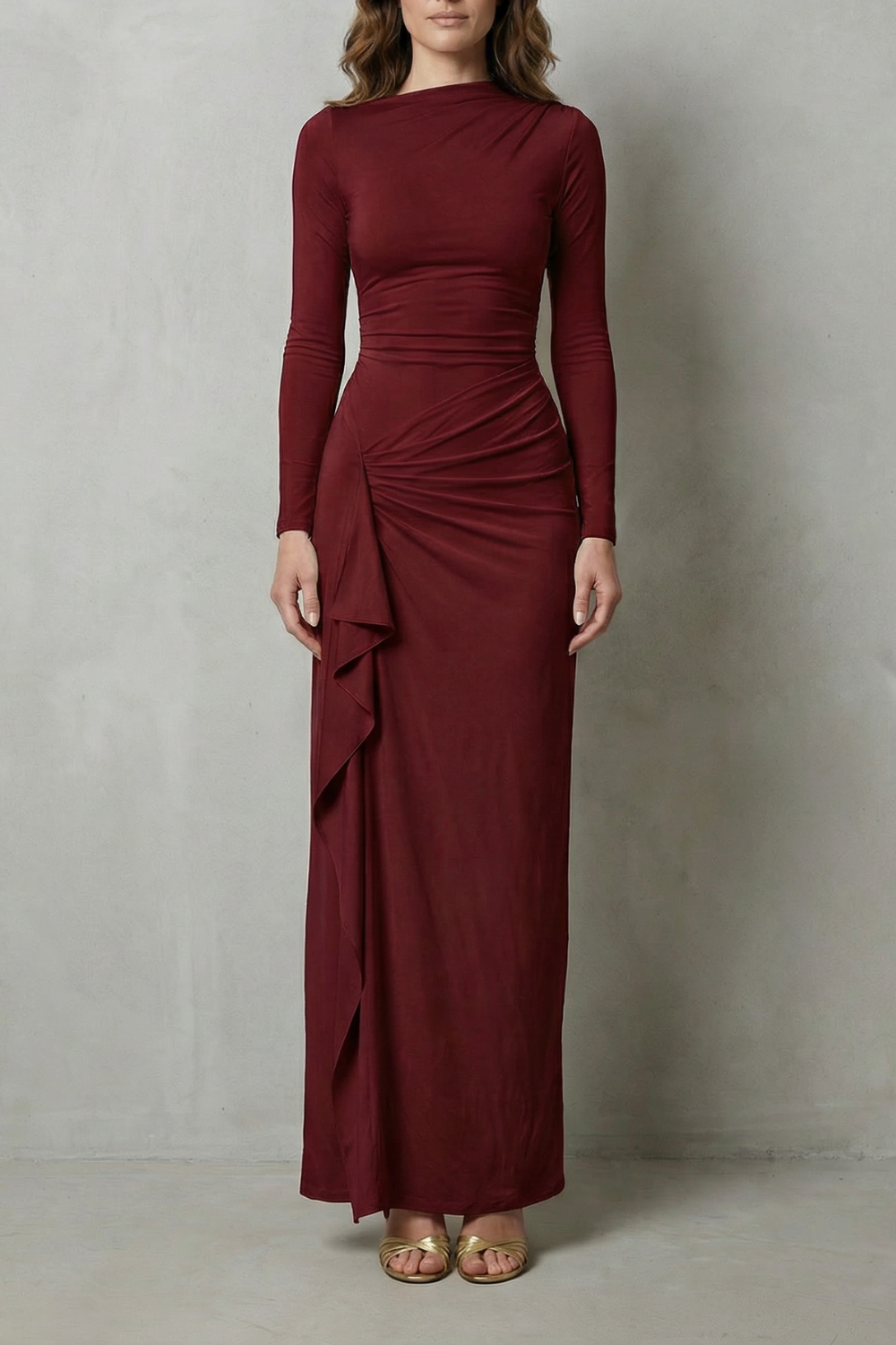 Sculpted Side Drape Long Sleeve Maxi Gown