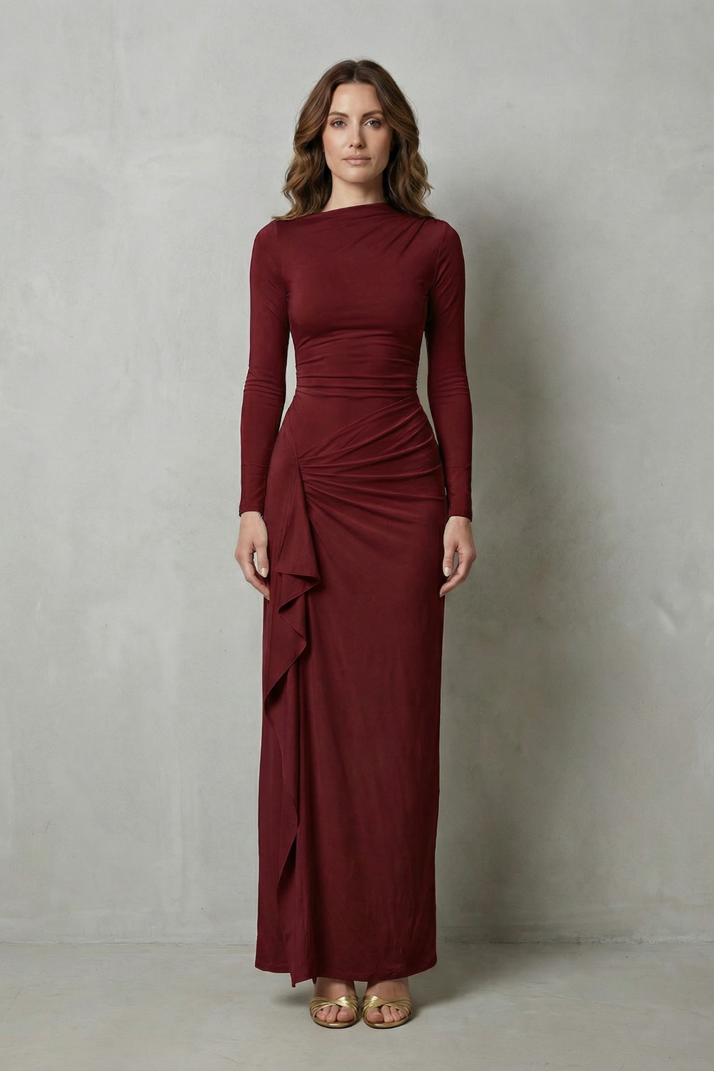 Sculpted Side Drape Long Sleeve Maxi Gown