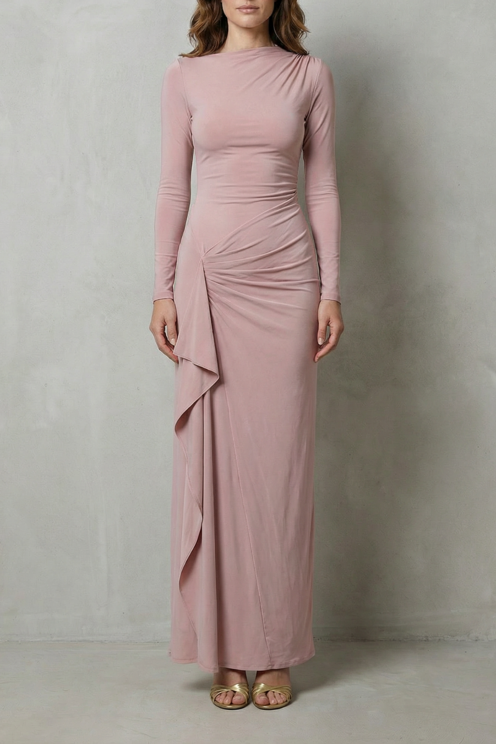 Sculpted Side Drape Long Sleeve Maxi Gown