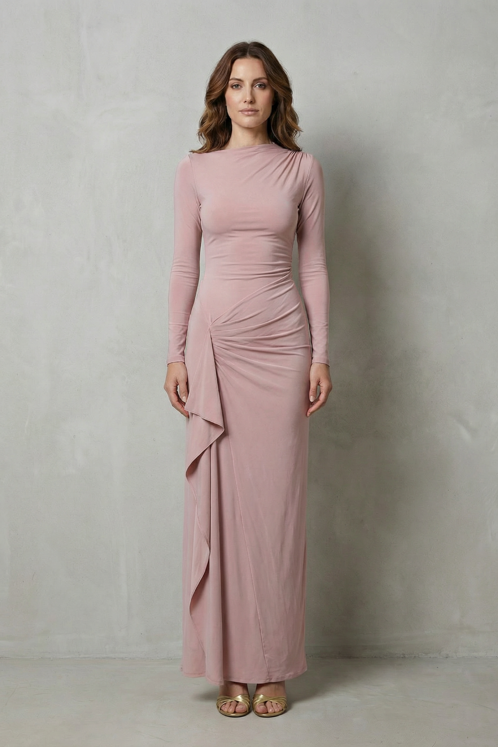 Sculpted Side Drape Long Sleeve Maxi Gown