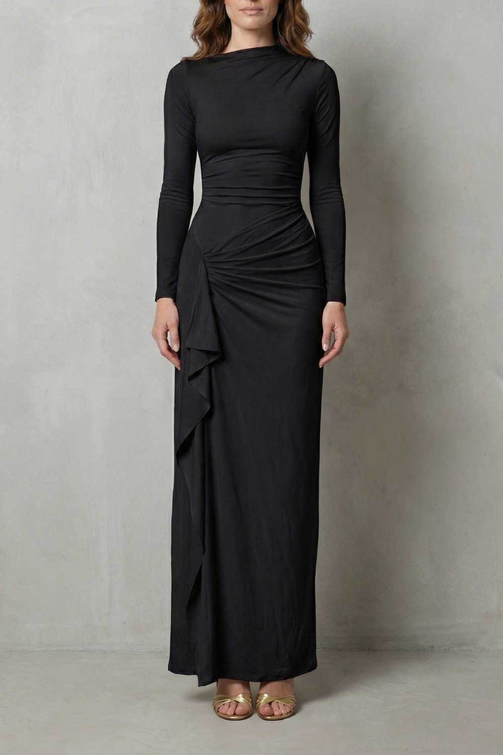 Sculpted Side Drape Long Sleeve Maxi Gown