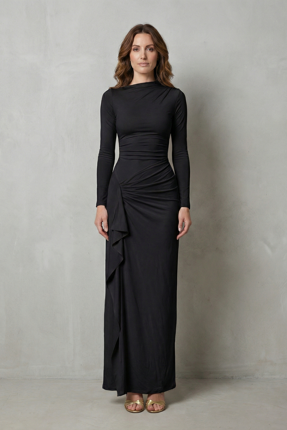 Sculpted Side Drape Long Sleeve Maxi Gown