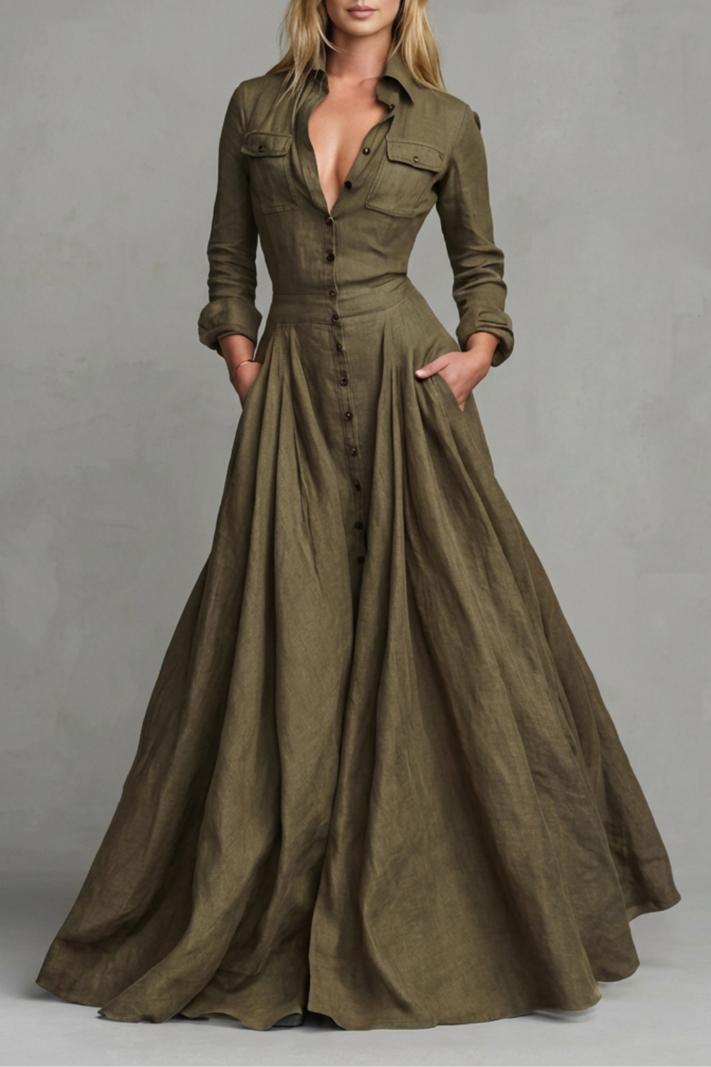 Long-Sleeved Collared Maxi Dress