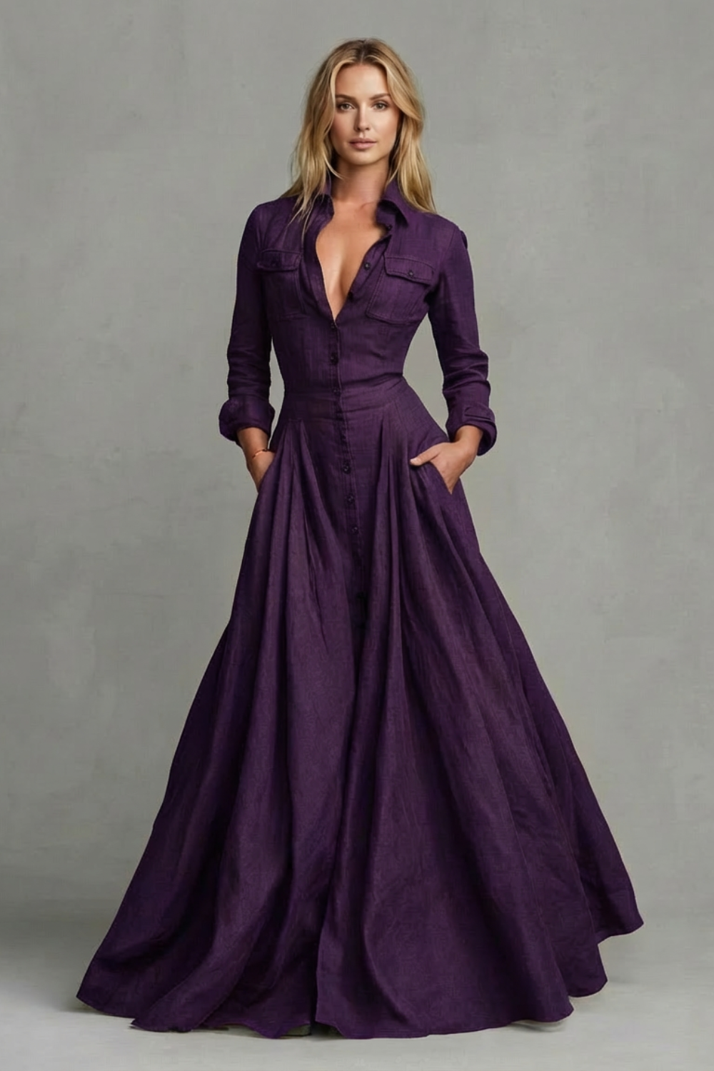 Long-Sleeved Collared Maxi Dress