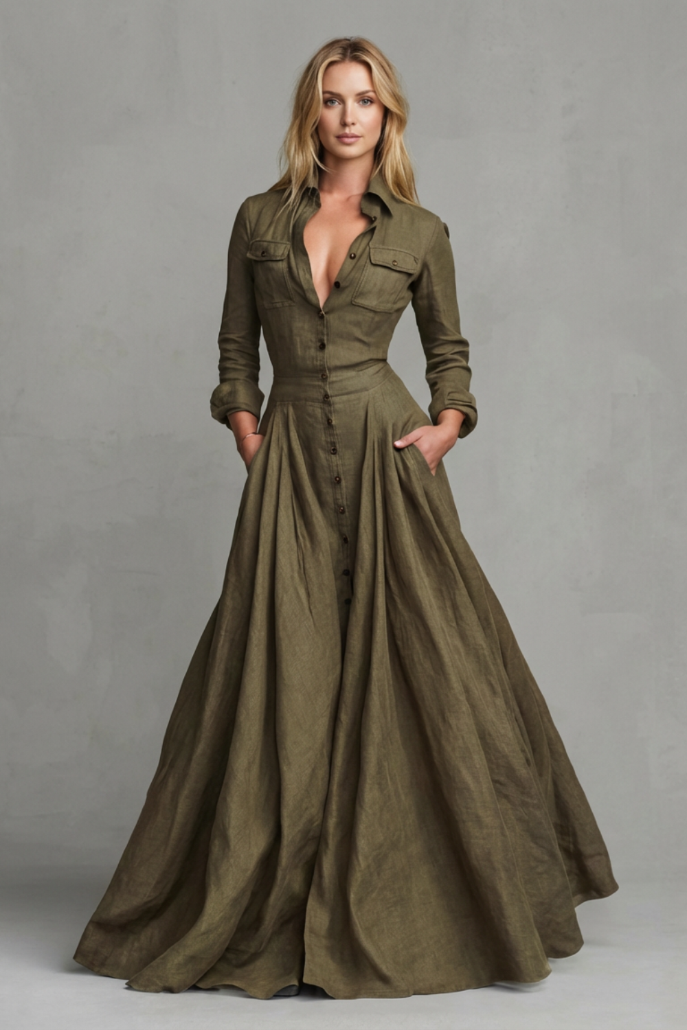 Long-Sleeved Collared Maxi Dress