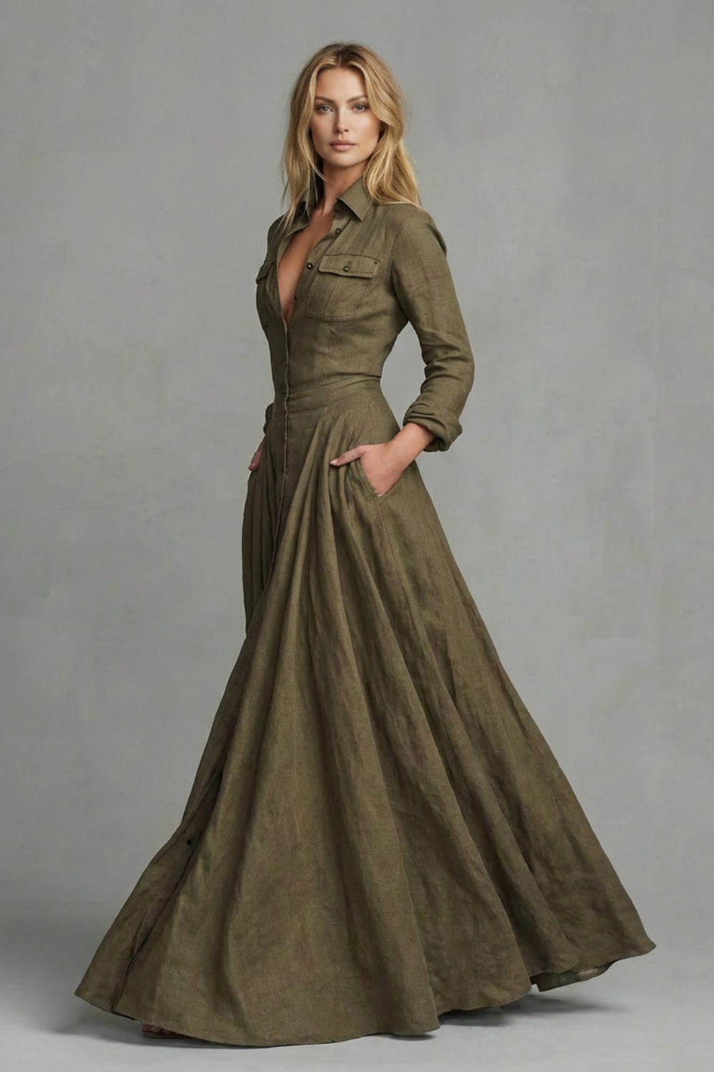 Long-Sleeved Collared Maxi Dress