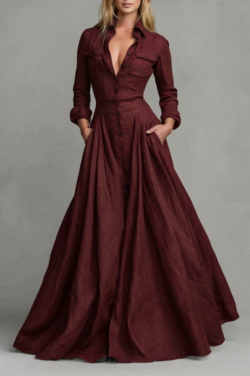 Long-Sleeved Collared Maxi Dress