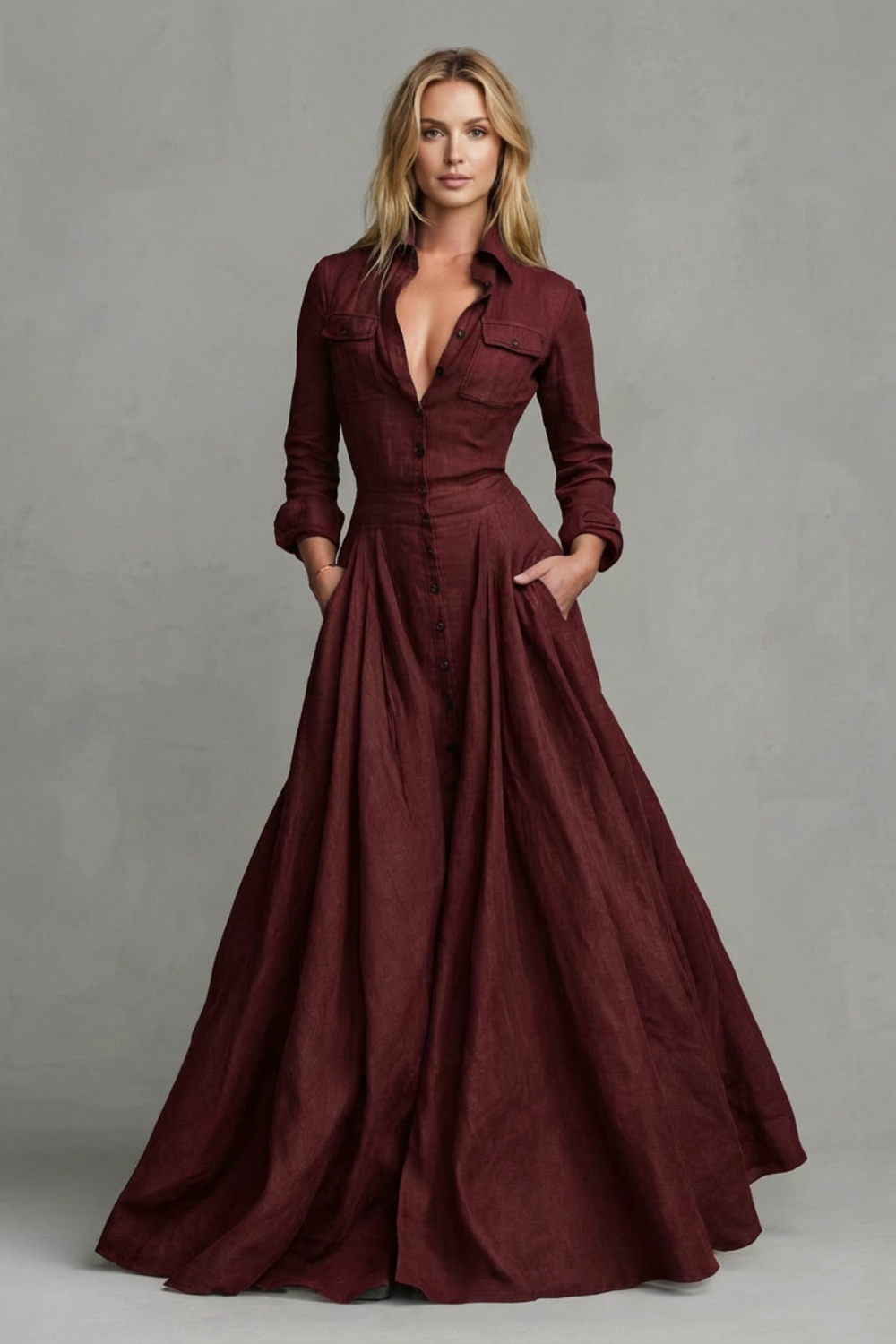 Long-Sleeved Collared Maxi Dress