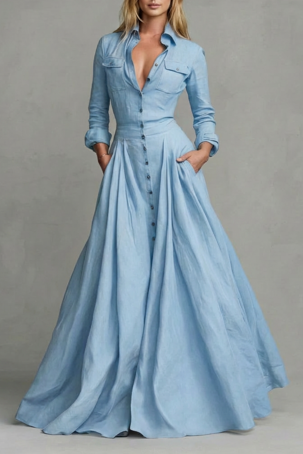 Long-Sleeved Collared Maxi Dress
