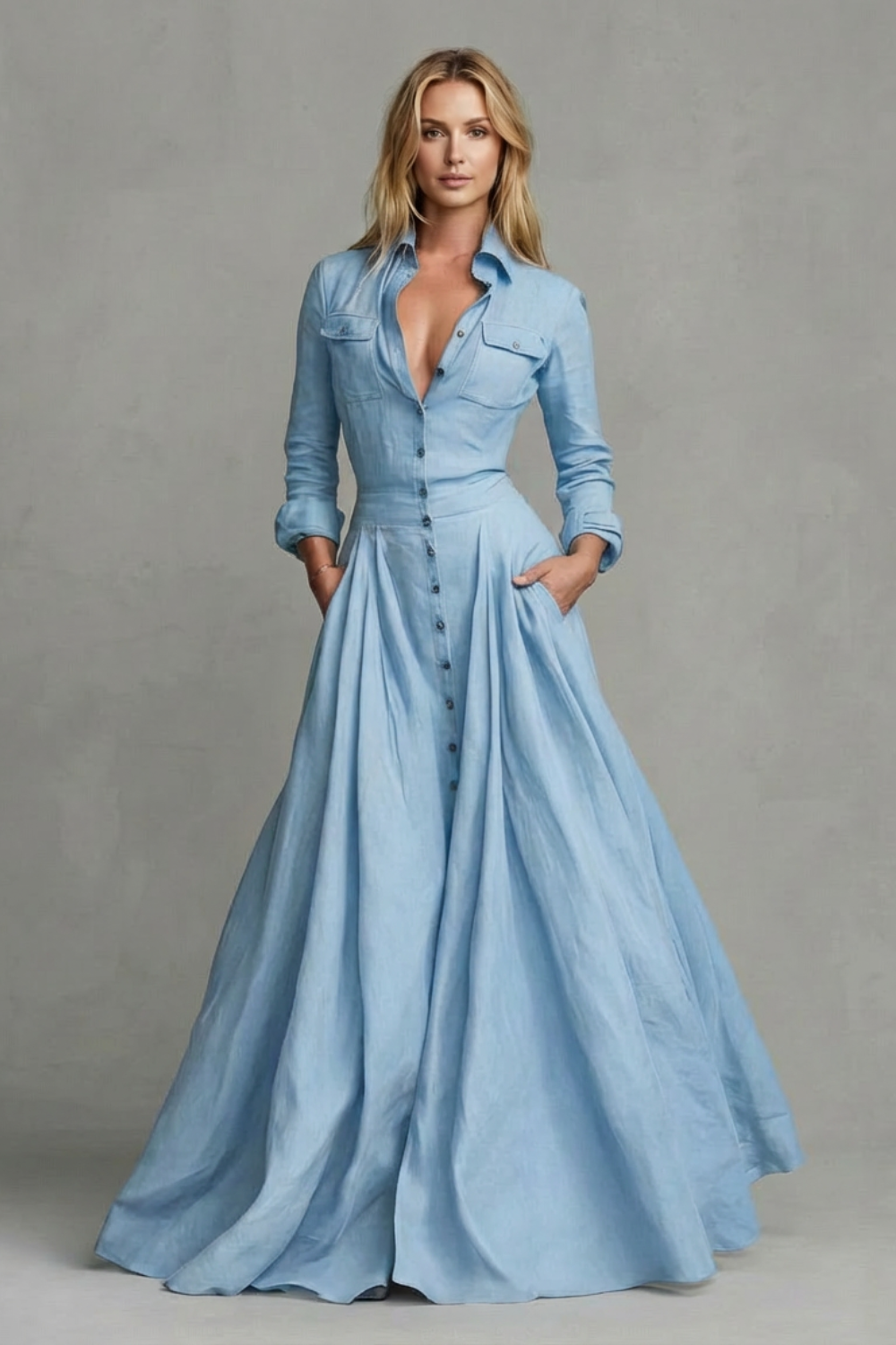Long-Sleeved Collared Maxi Dress