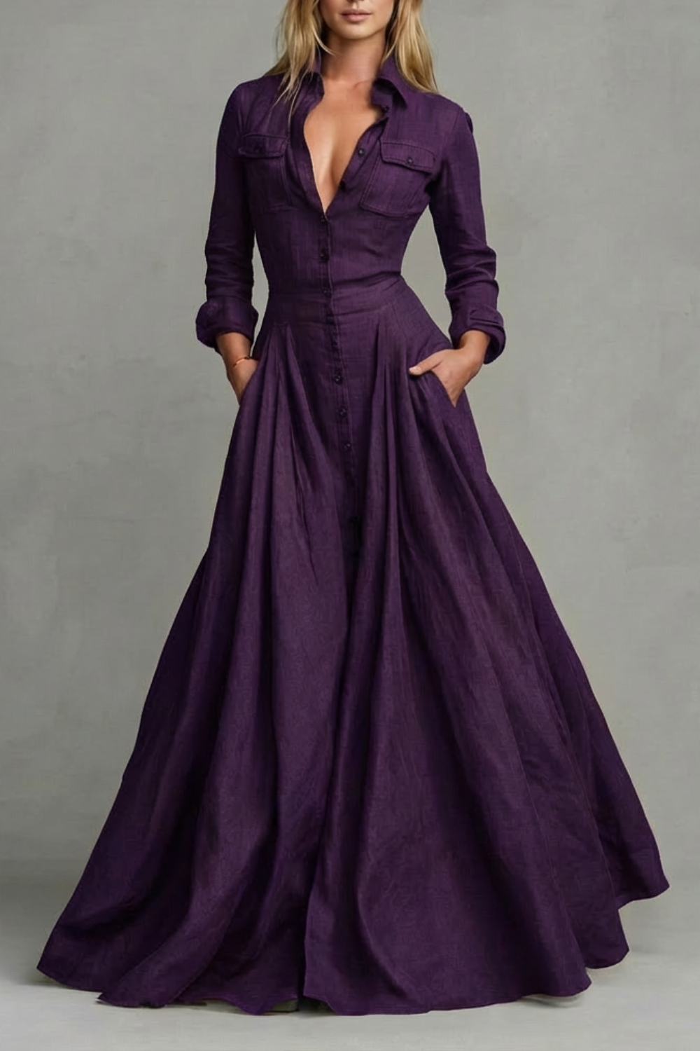 Long-Sleeved Collared Maxi Dress