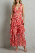 Crimson Blossom Layers Tiered Chiffon Maxi Dress