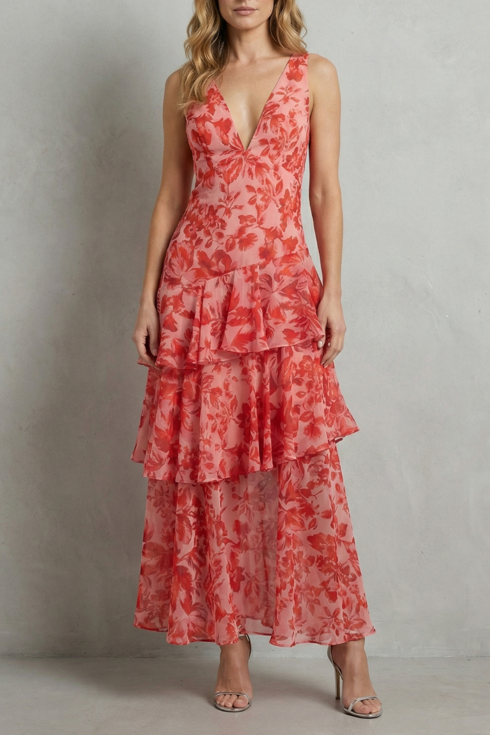 Crimson Blossom Layers Tiered Chiffon Maxi Dress