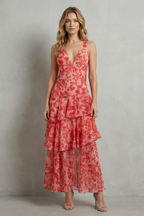 Crimson Blossom Layers Tiered Chiffon Maxi Dress