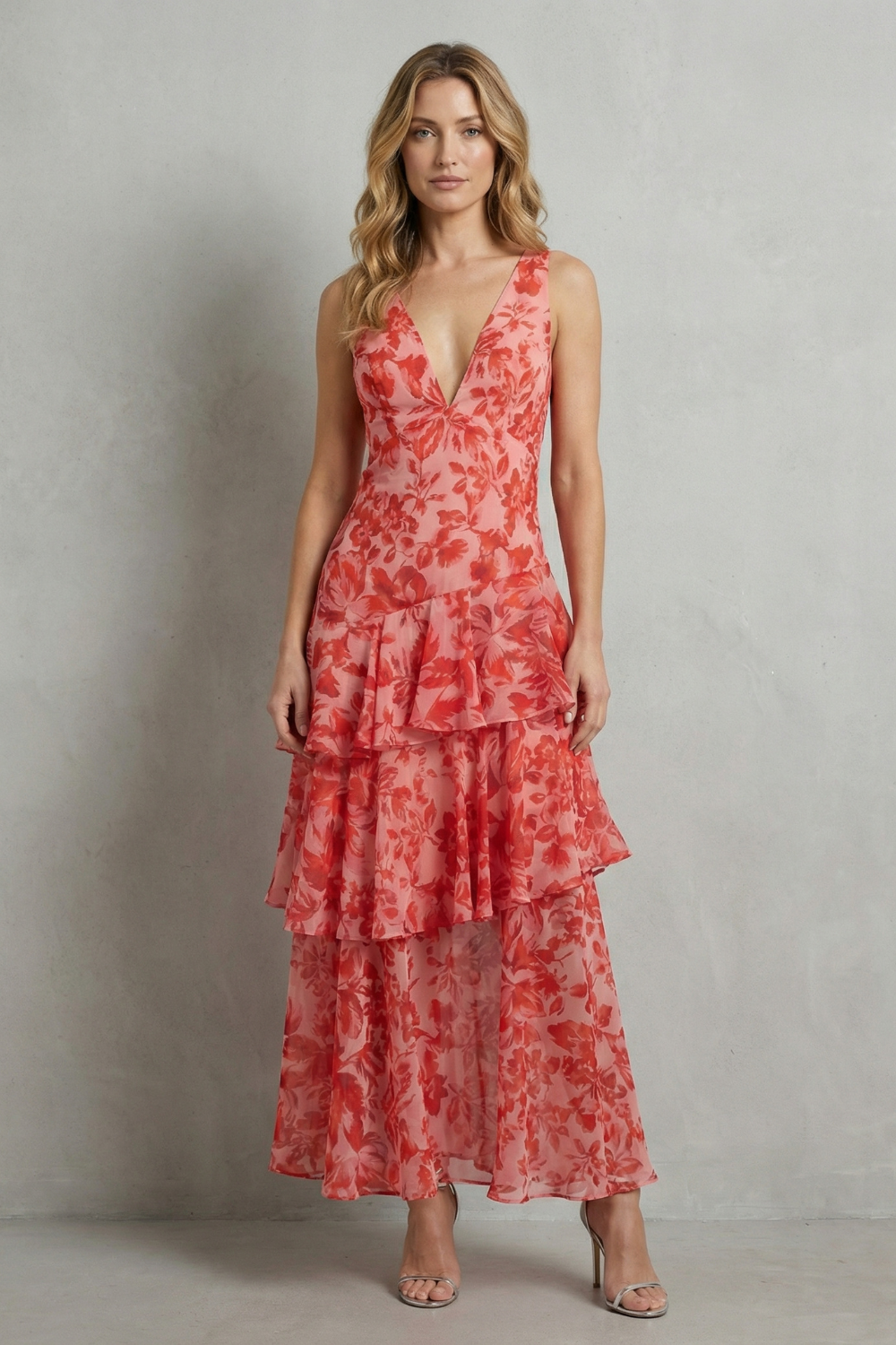 Crimson Blossom Layers Tiered Chiffon Maxi Dress