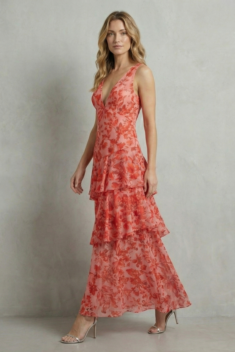 Crimson Blossom Layers Tiered Chiffon Maxi Dress