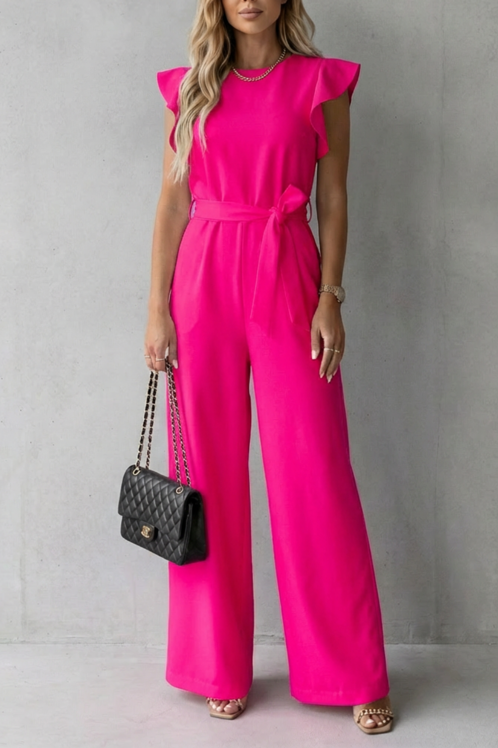 Ruffle sleeve belted | Wide-leg jumpsuit