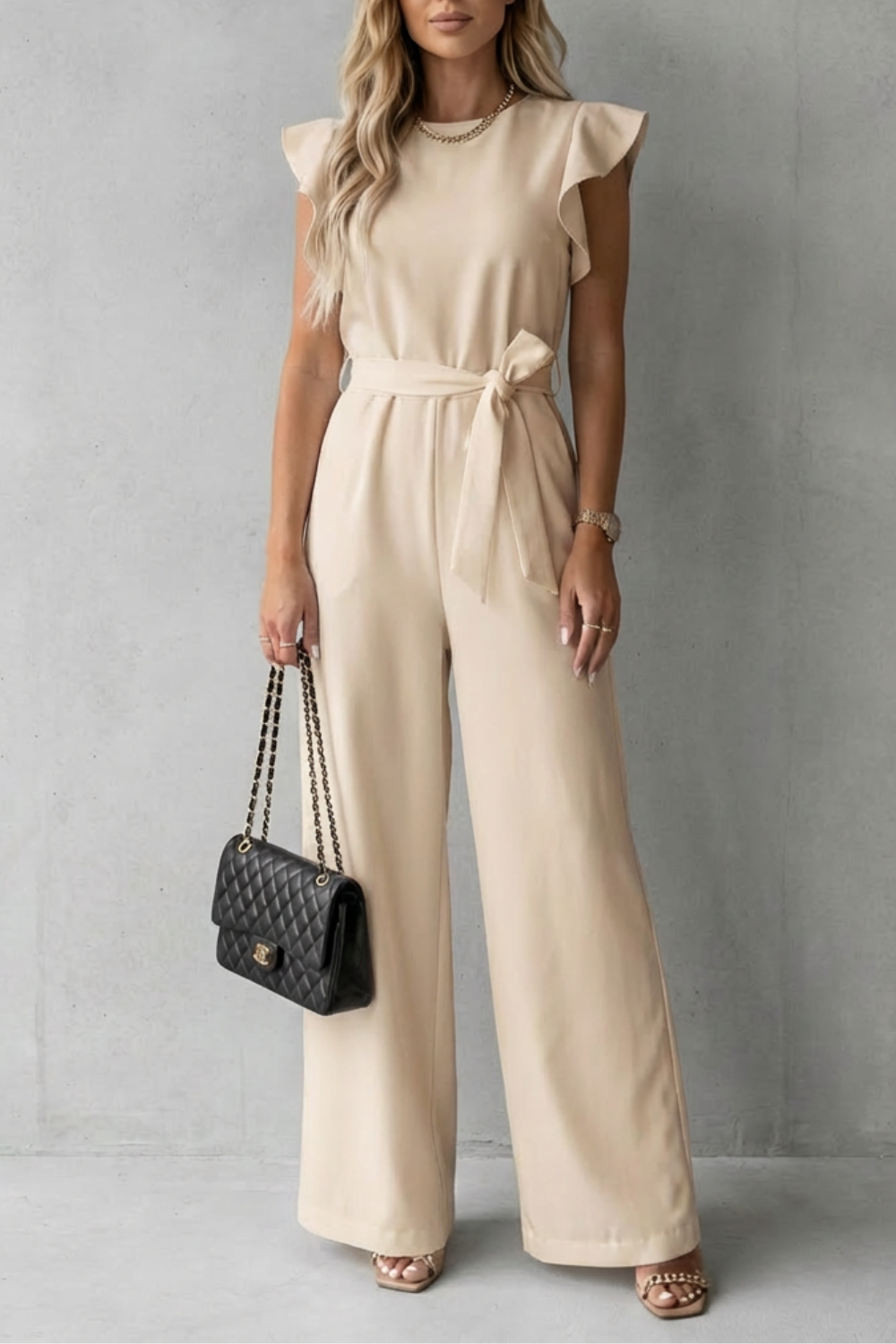 Ruffle sleeve belted | Wide-leg jumpsuit
